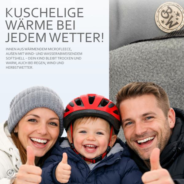 BAMBINIWELT Kinder Beinwärmer Beinabdeckung für Fahrradsitz, mit zusätzlichem Handmuff, kuscheliges Microflees, wind- und wasserabweisend
